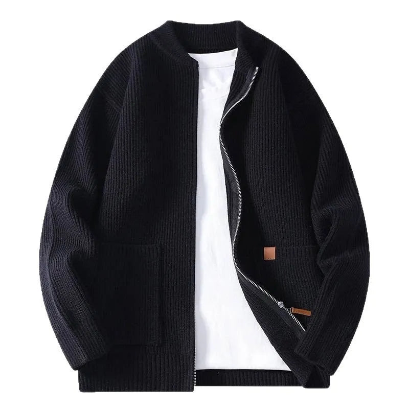 Men's straight-cut striped cardigan sweater in a polyvinyl alcohol fibre blend, shown in beige.