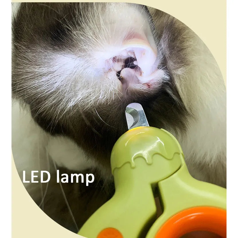 LED illuminated pet nail clippers for cats and dogs showing quick-light technology and non-slip handles