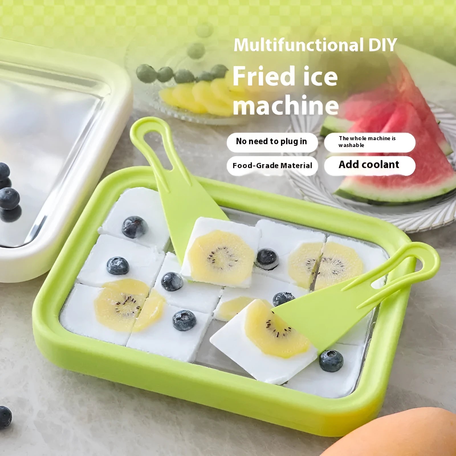 Green children's DIY fried yogurt machine on a kitchen counter