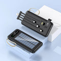 Solar power bank in black or white with capacity display and integrated solar panel.