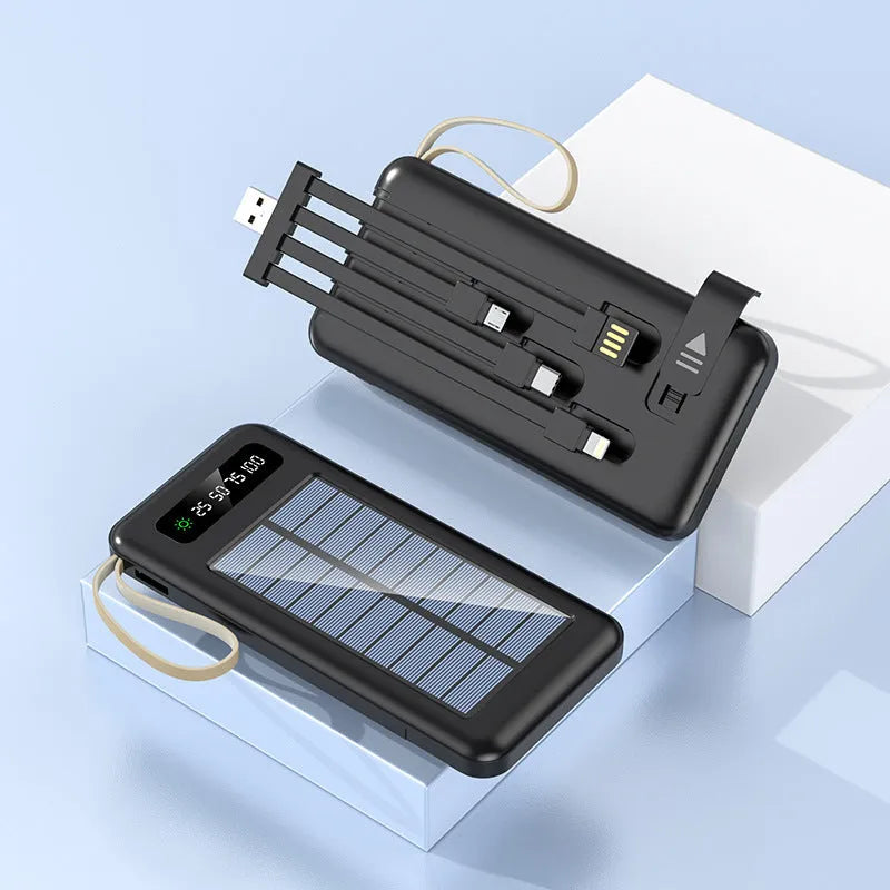 Solar power bank in black or white with capacity display and integrated solar panel.