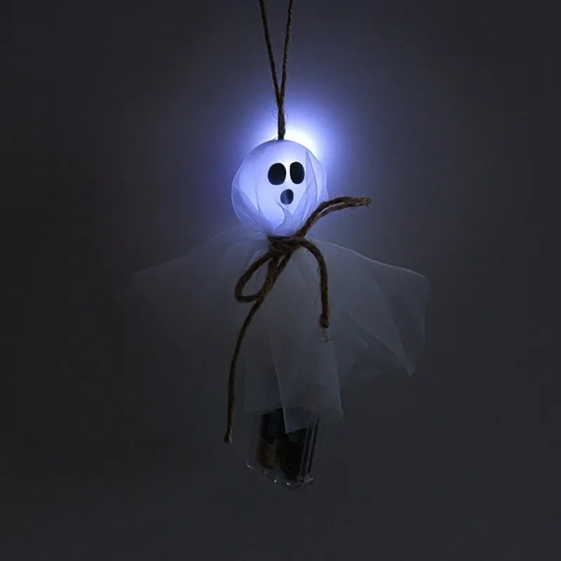 Halloween ghost LED lighting chain with colourful battery-operated lights showing six different ghost design variations