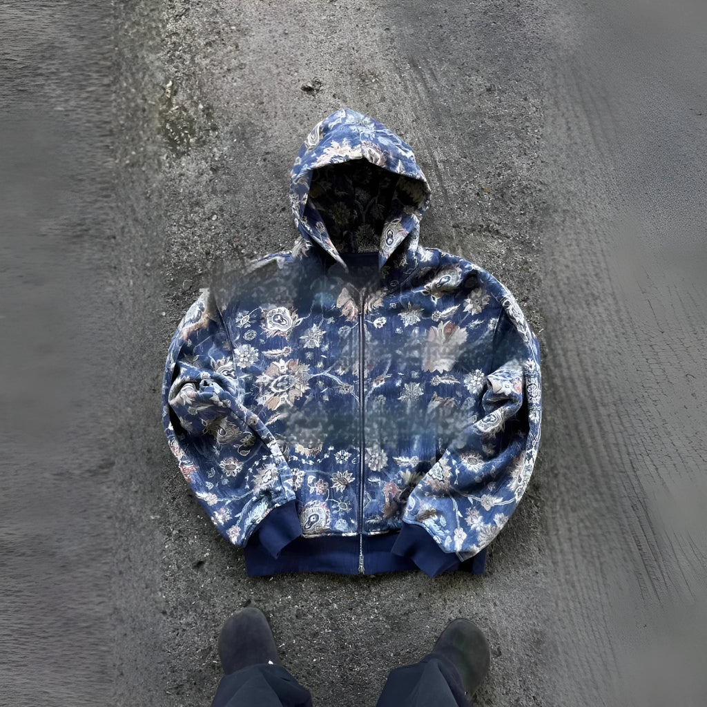 Men's blue loose hooded zip coat with long sleeves and casual styling