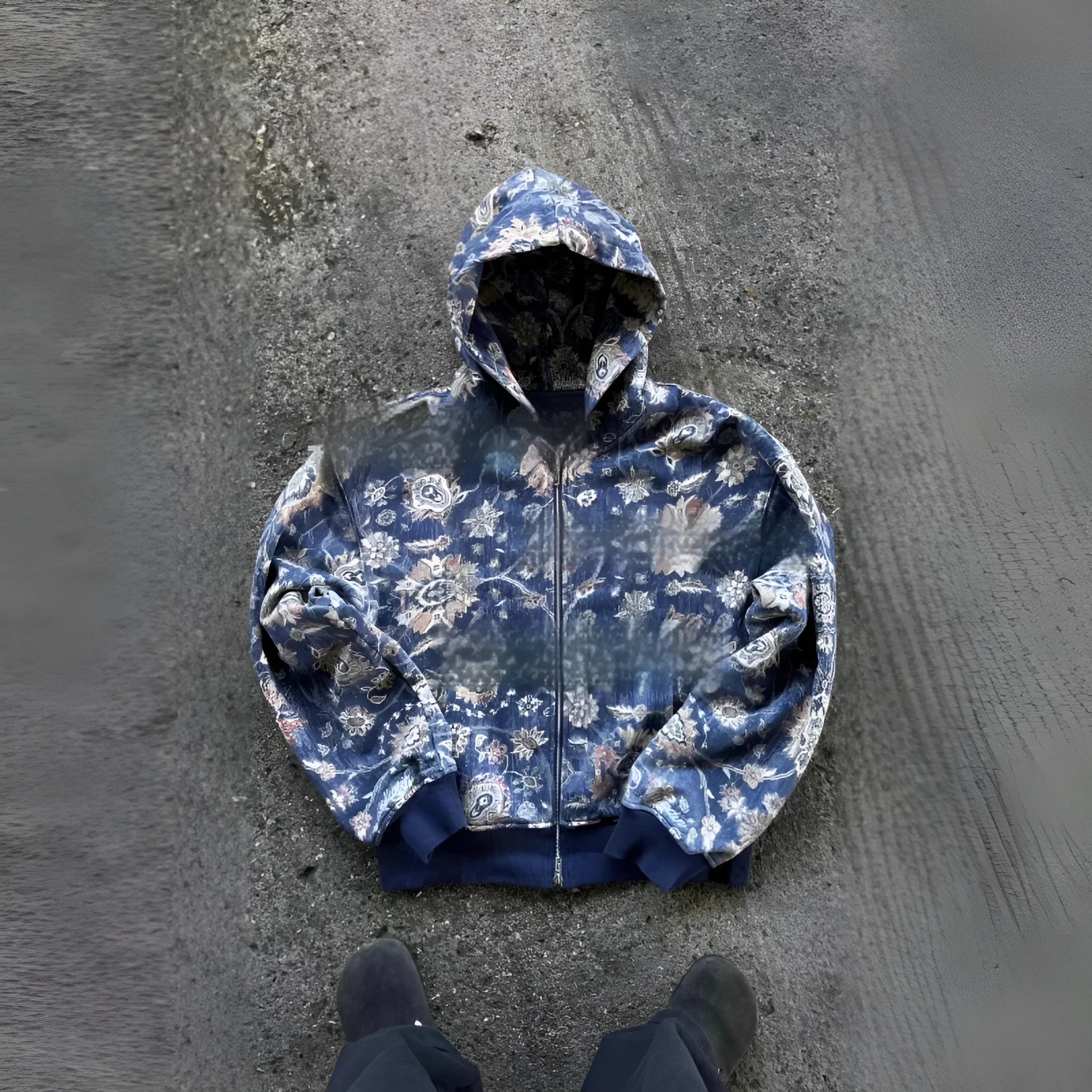 Men's blue loose hooded zip coat with long sleeves and casual styling