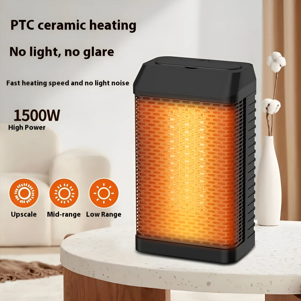 Black remote control type desktop smart heater with oscillating head, showing dimensions 14.5x10x26cm.