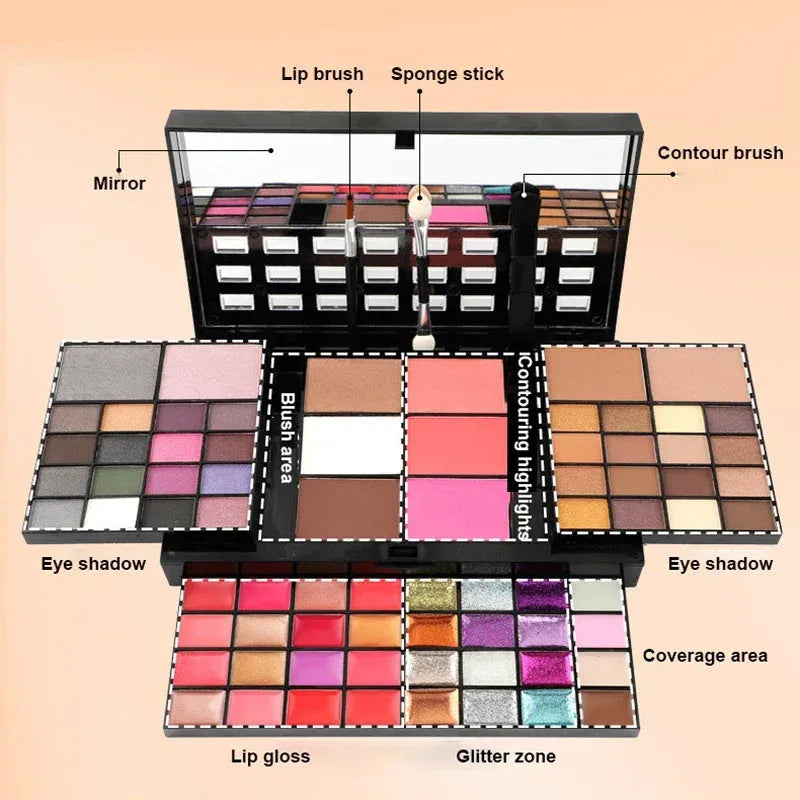 74 colour makeup palette set with four layers, mirror and brushes including eyeshadows and lip glosses