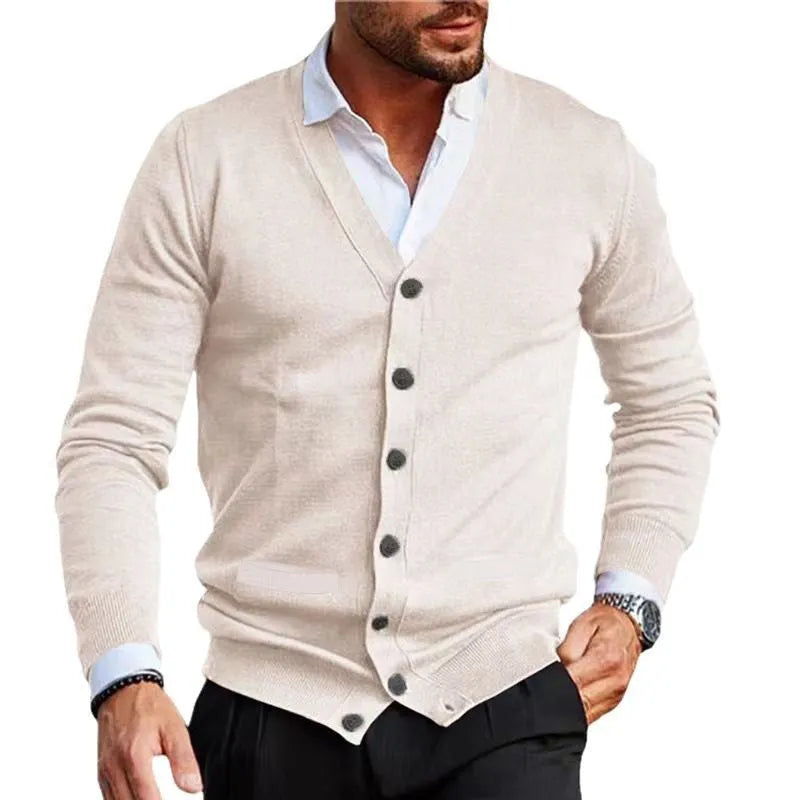 Men's slim fit acrylic cardigan sweater coat in dark grey colour showing long sleeve design and button front