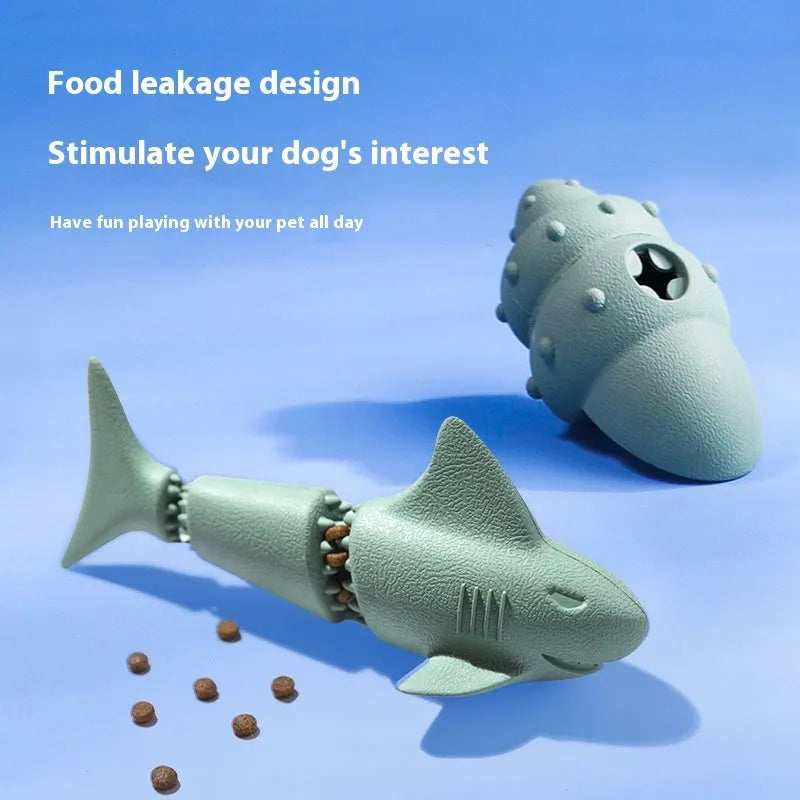 Blue and green shark-shaped rubber dog chew toy on a white background.