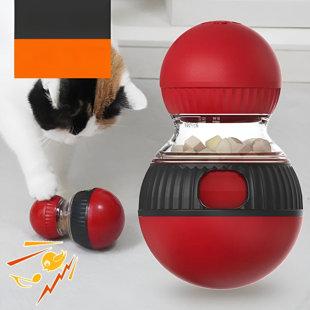 Rotating plastic cat toy ball with food dropping compartment and sound feature.