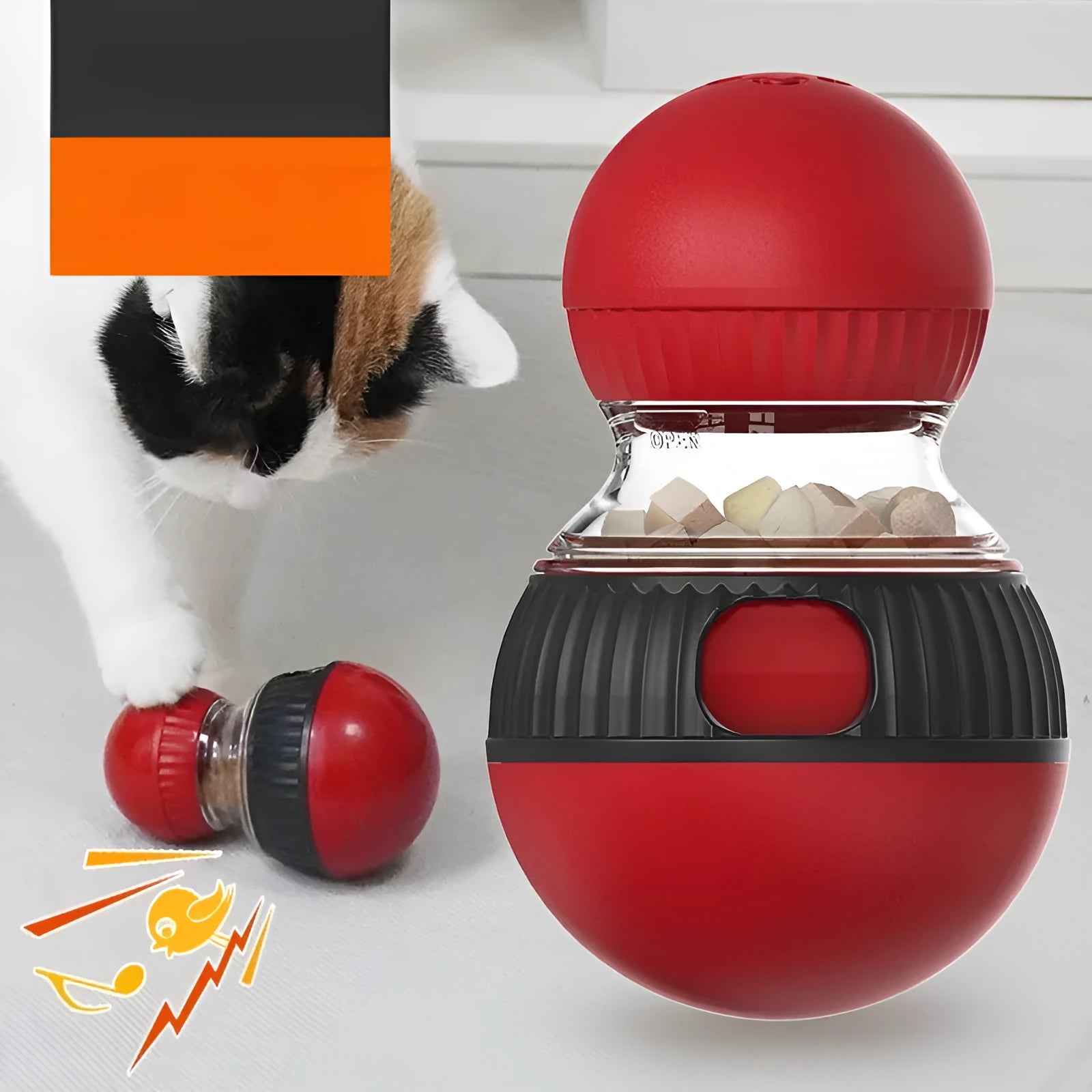Rotating plastic cat toy ball with food dropping compartment and sound feature.