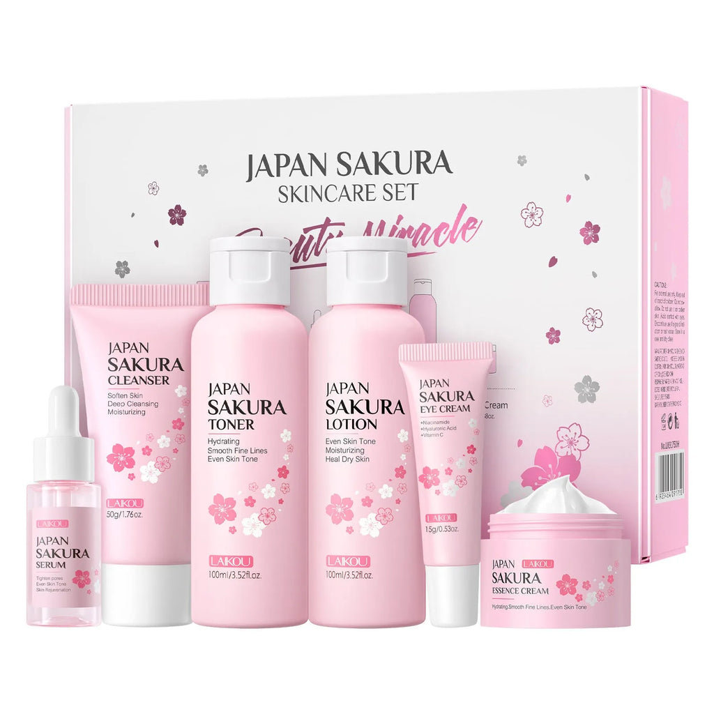 Cherry blossom skin care 6-piece set with cleanser, toner, cream, serums and eye cream