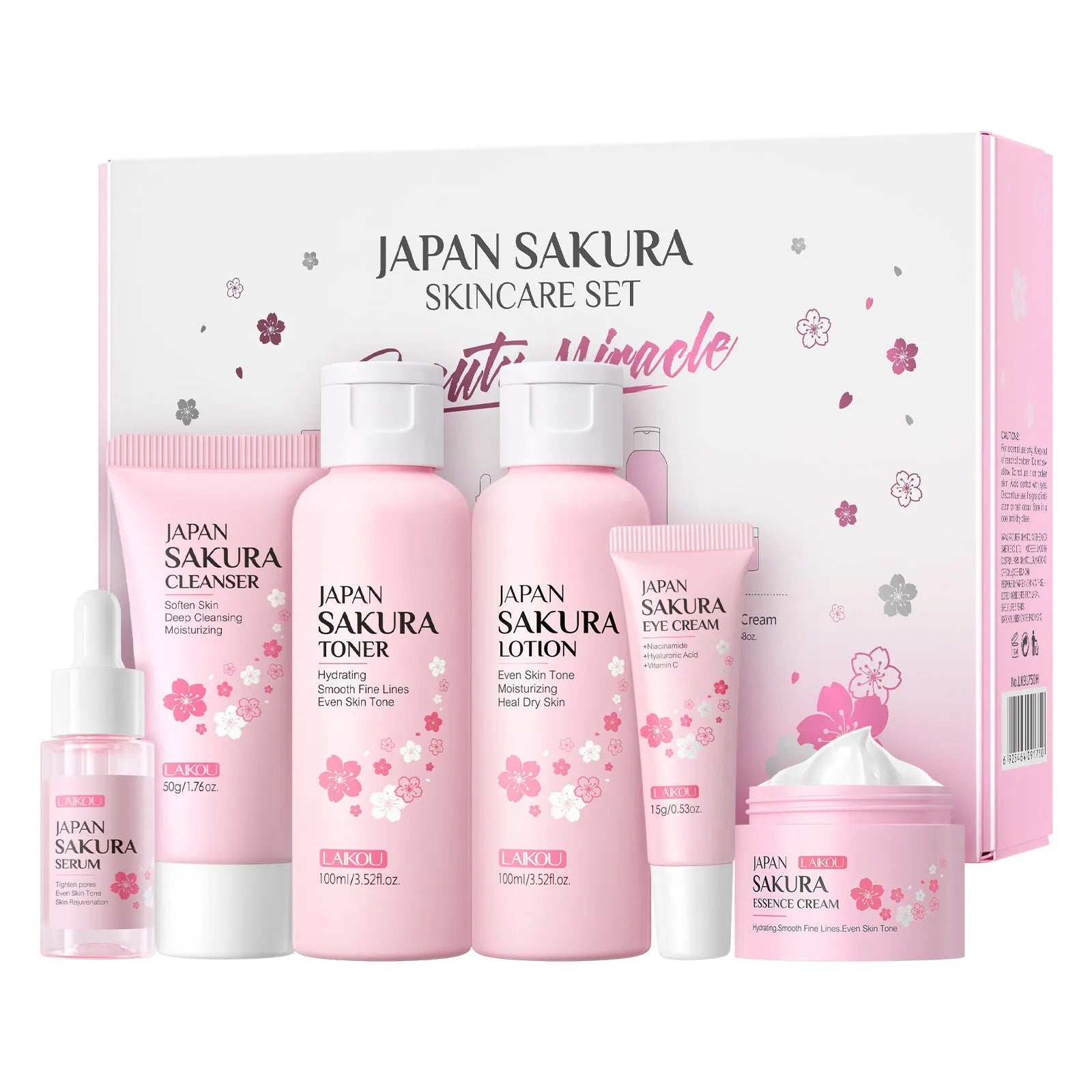 Cherry blossom skin care 6-piece set with cleanser, toner, cream, serums and eye cream