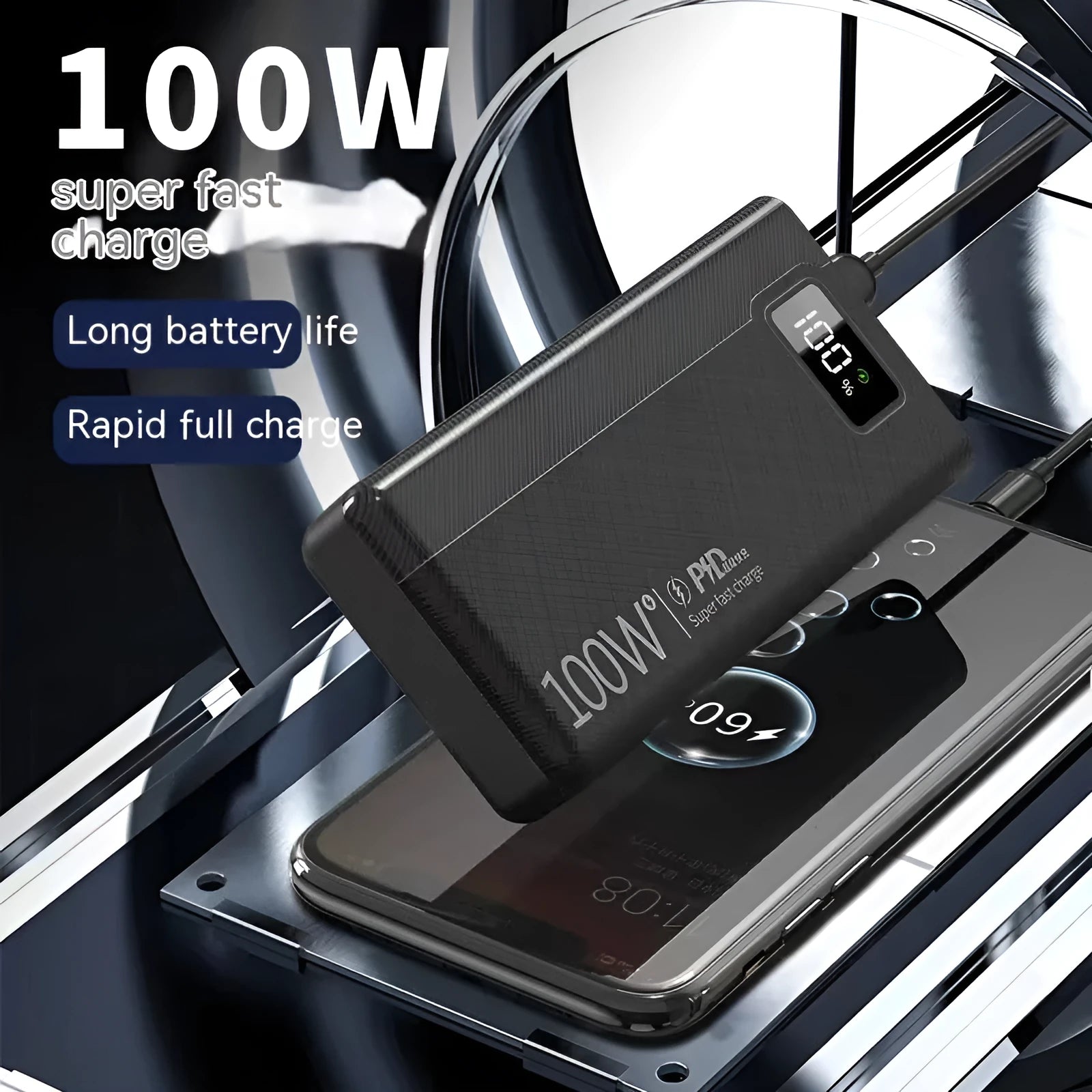 Large capacity power bank in black or white with plastic shell, dimensions 150×76×30-50mm