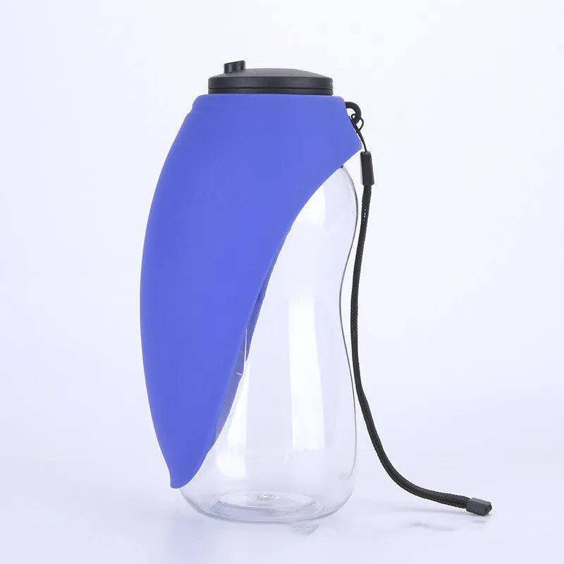 Blue pet water bottle with attached drinking bowl showing 680ml capacity and hanging clip