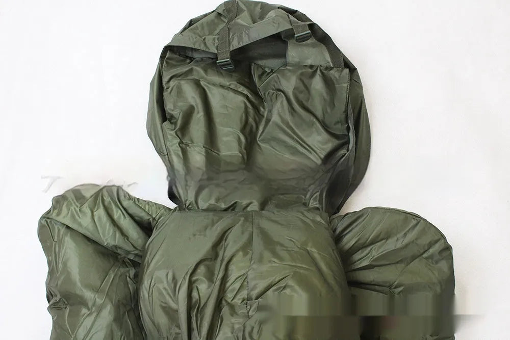 Removable overcoat mummy sleeping bag in army green for cold weather camping