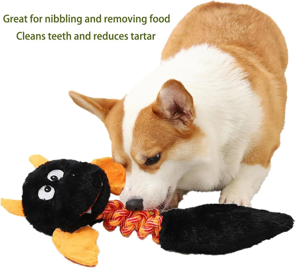 Soft plush dog toy with cartoon design, shown in green, red, or black colour.