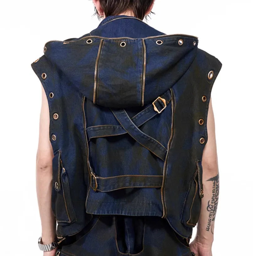 Korean style blue hooded denim vest coat and trousers set with heavy industry deconstructs design