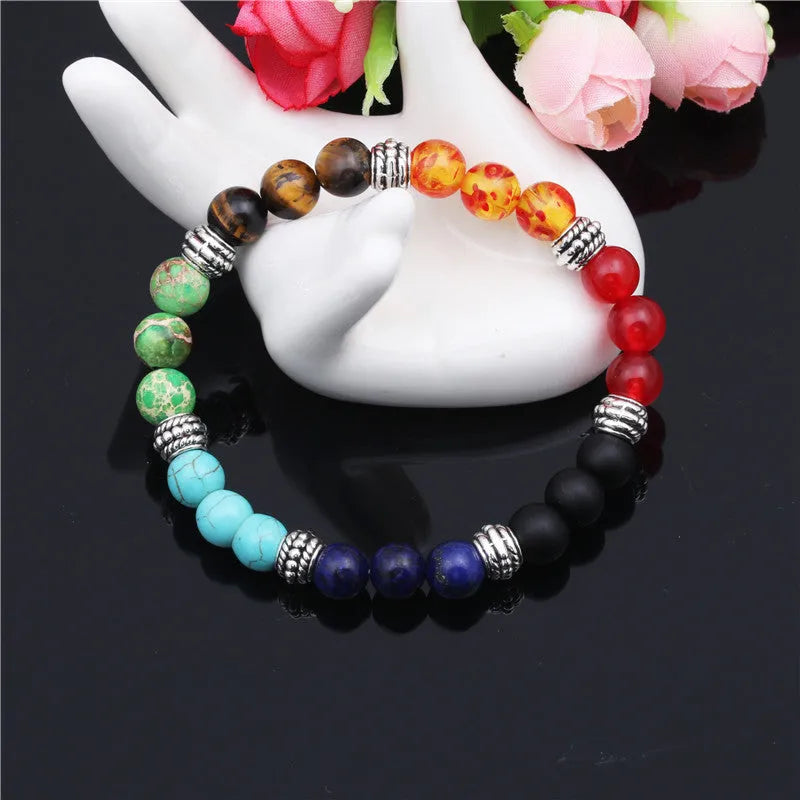 Natural stone colorful chakra energy yoga bracelet on wrist