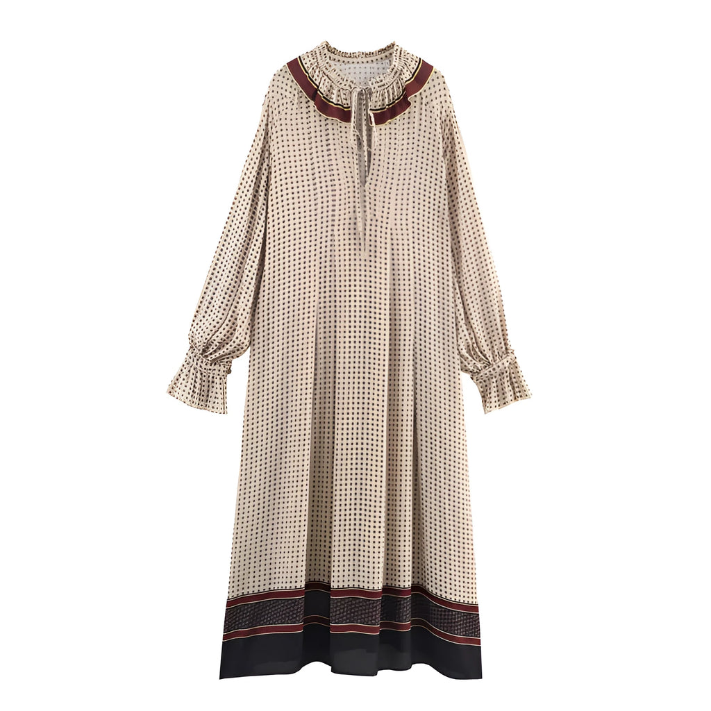 Women's cotton printed long dress with stripes or plaid pattern, loose fit, long sleeves, mid-waist, available in Asian sizes XS to L