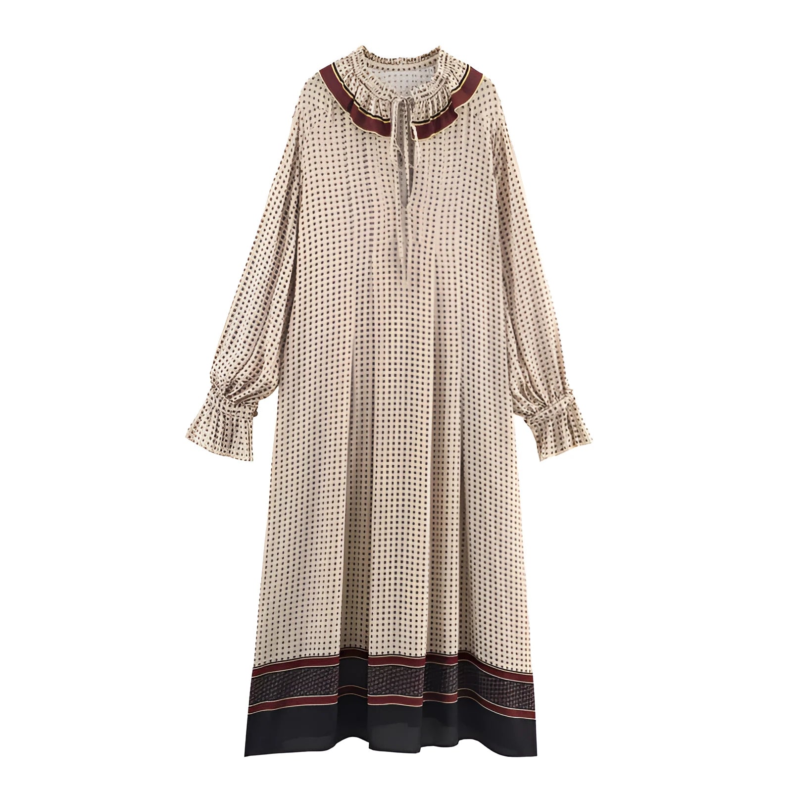 Women's cotton printed long dress with stripes or plaid pattern, loose fit, long sleeves, mid-waist, available in Asian sizes XS to L
