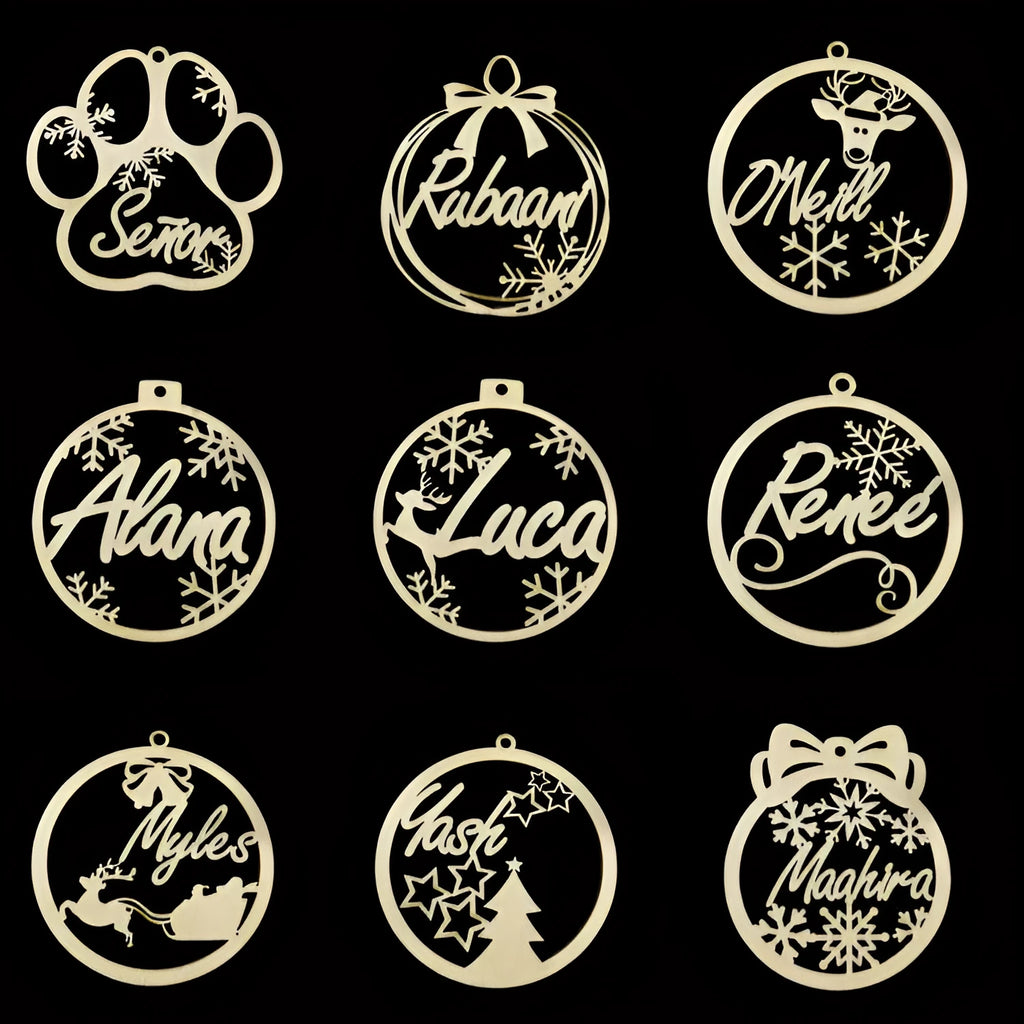 Wooden hollow carved Christmas tree pendant with English name space, American style