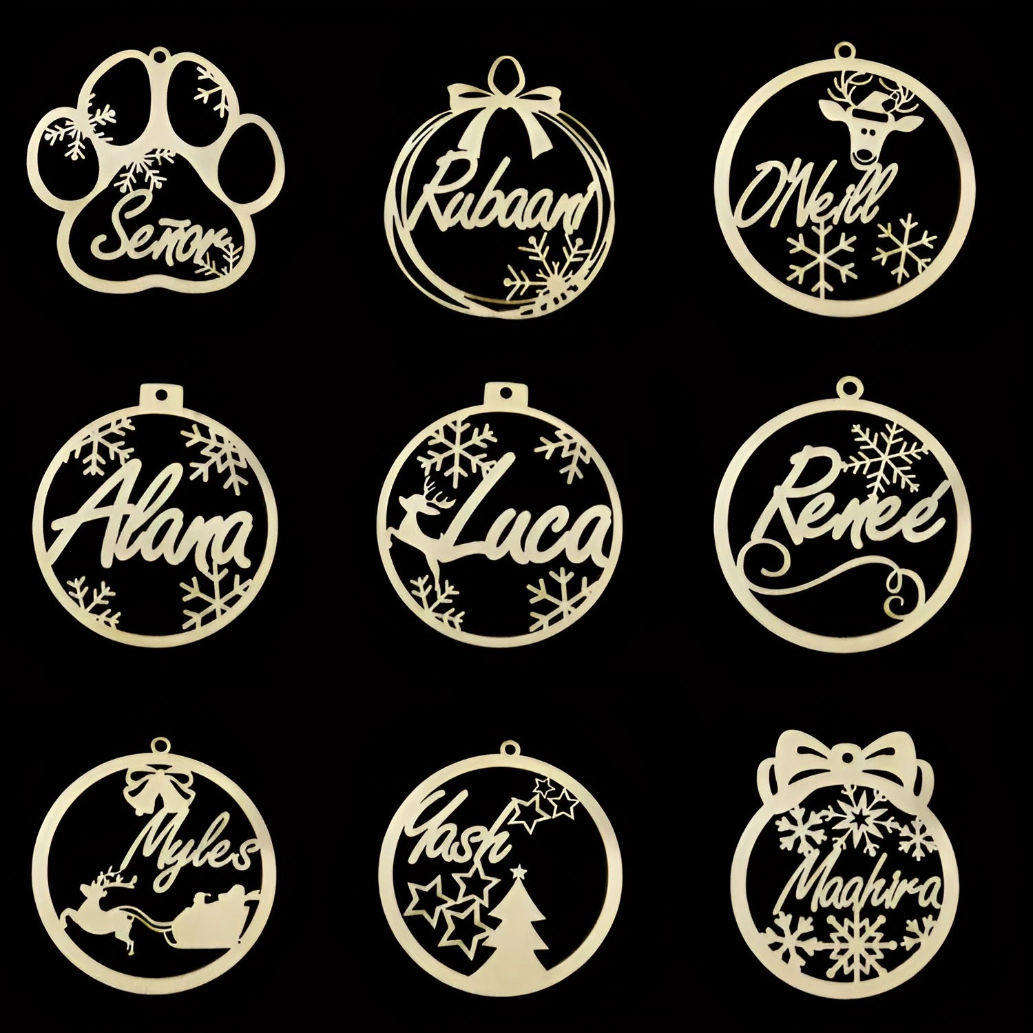 Wooden hollow carved Christmas tree pendant with English name space, American style