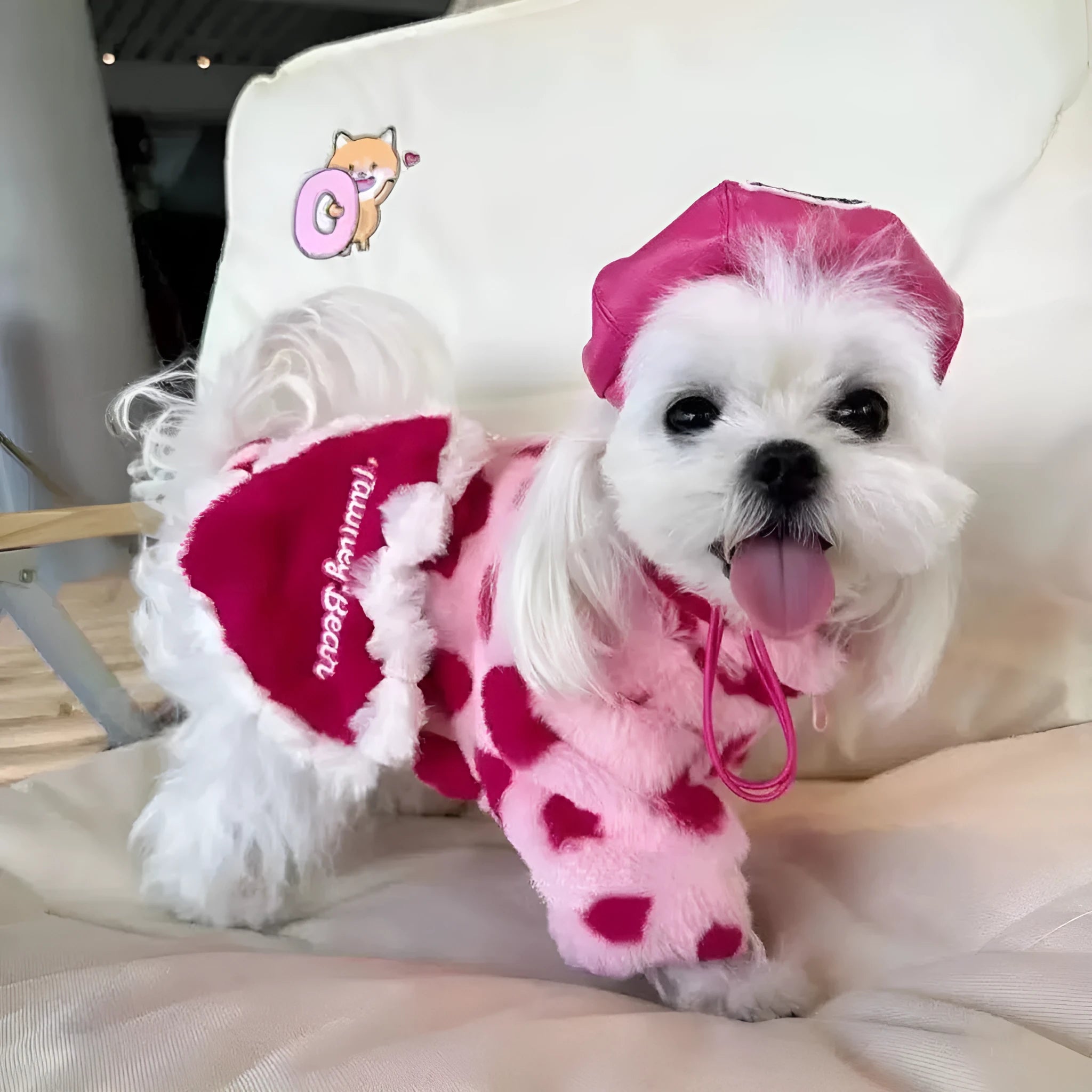 Polyester plush warm coat for small dogs in pink and brown colours with size tags from XS to 2XL