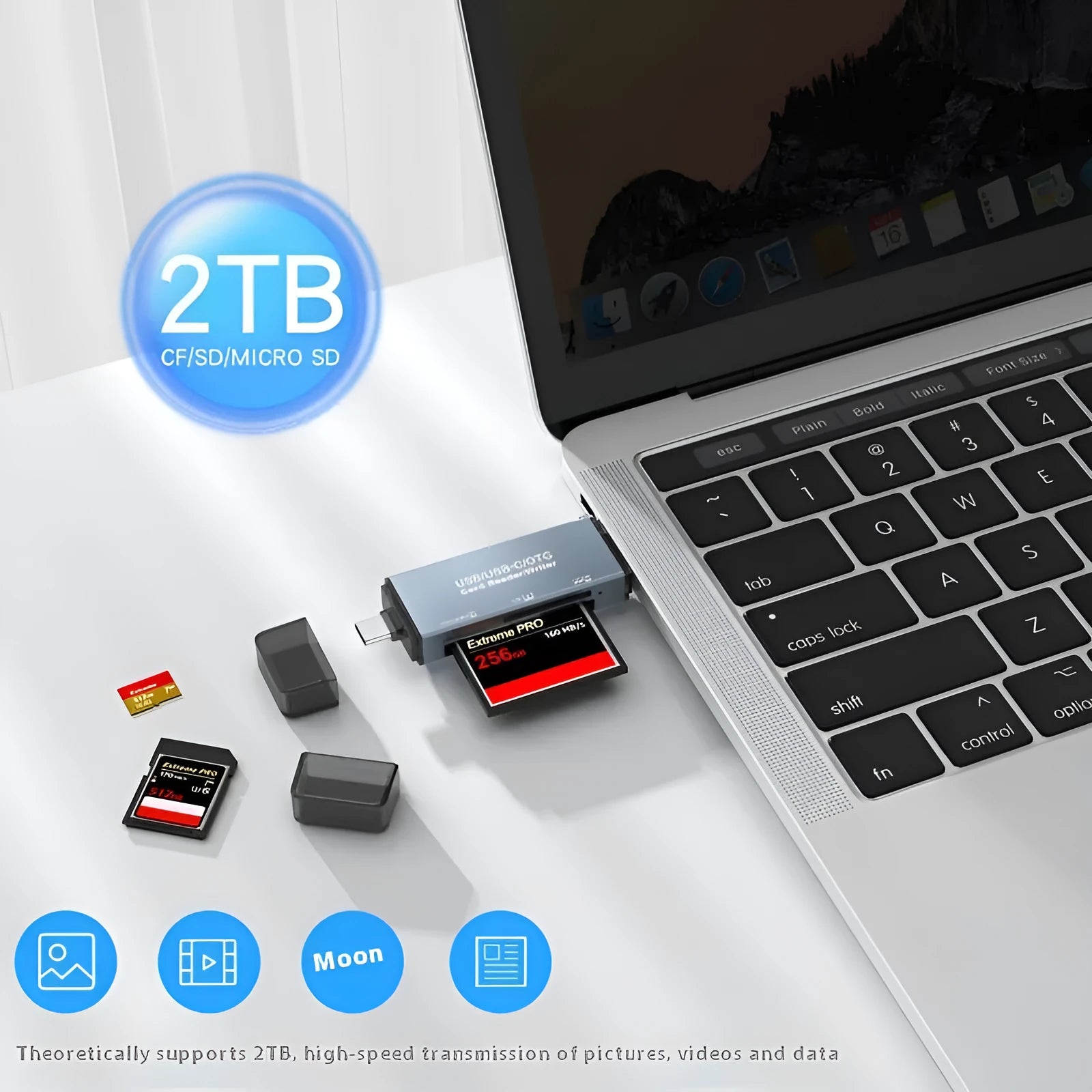 Aluminium alloy CF SD TF three-in-one USB card reader on a desk