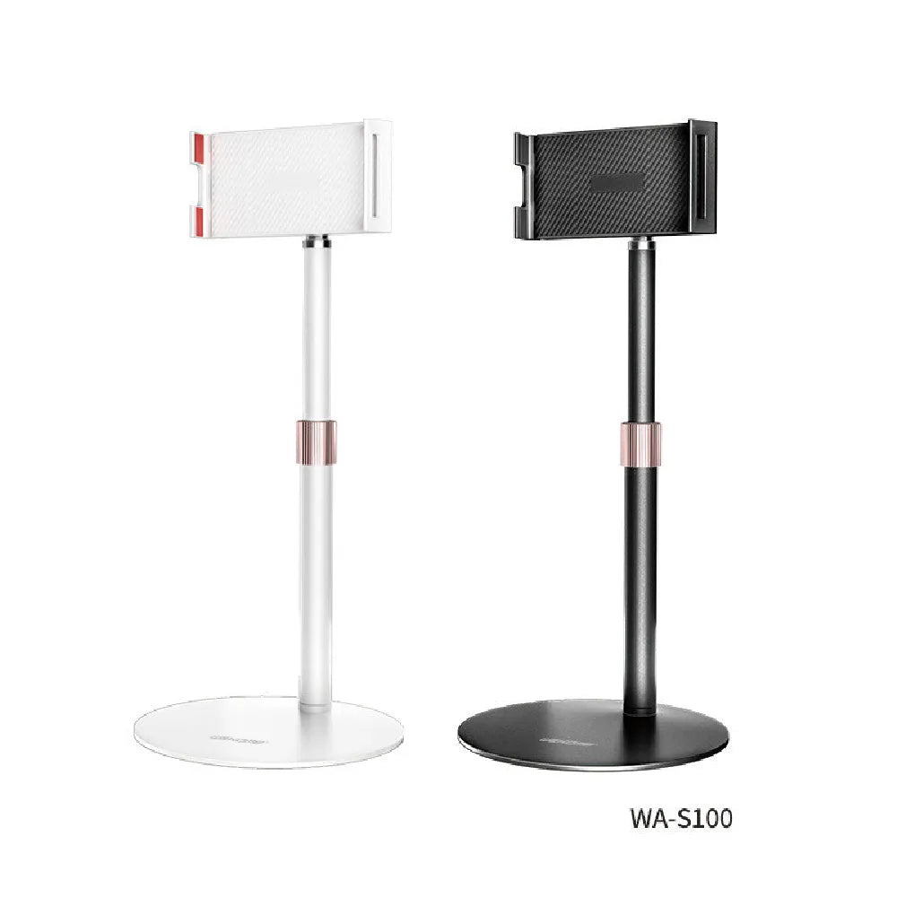 Black lifting metal bracket holding a tablet, showing its telescopic arm extended.