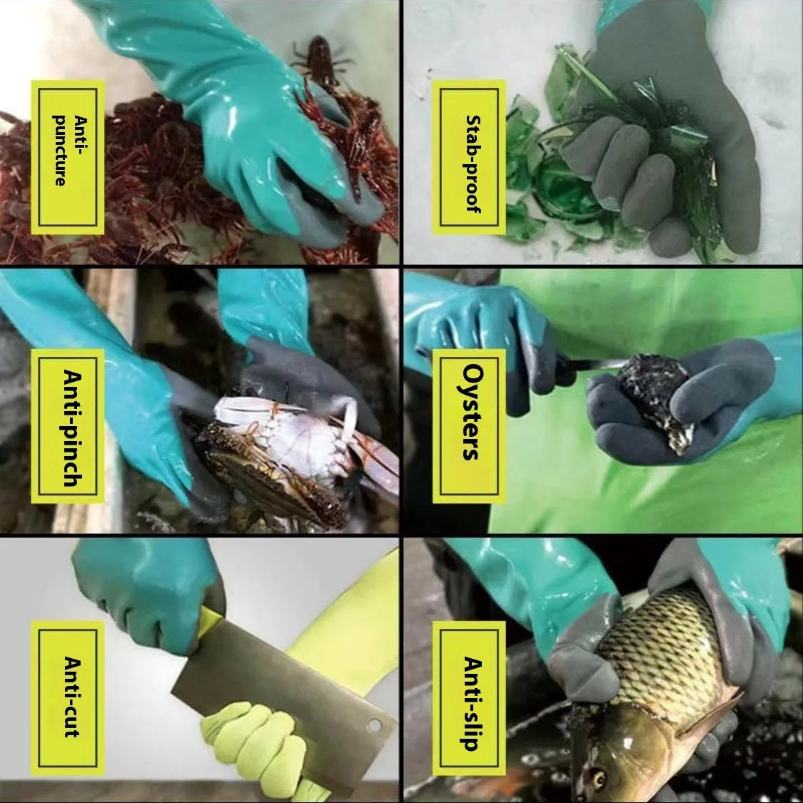 Navy blue nitrile waterproof gloves for fishing, shown in short and lengthened versions