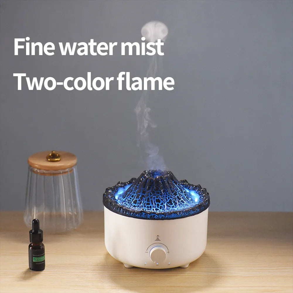 White volcano-shaped humidifier and essential oil diffuser with orange and blue simulated flame light effect.