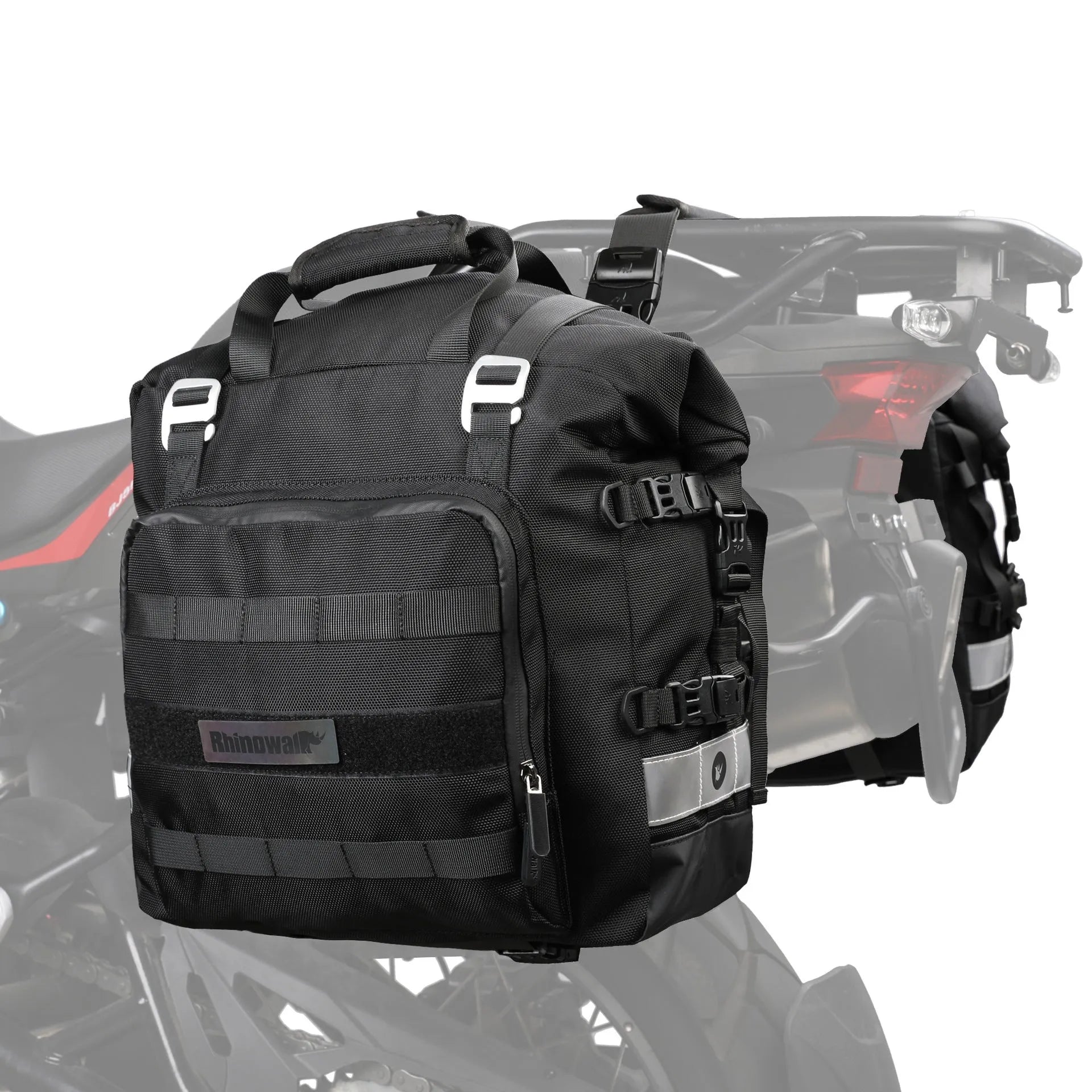 20L quick release motorcycle side bag in polyester, shown in army green and black colour options