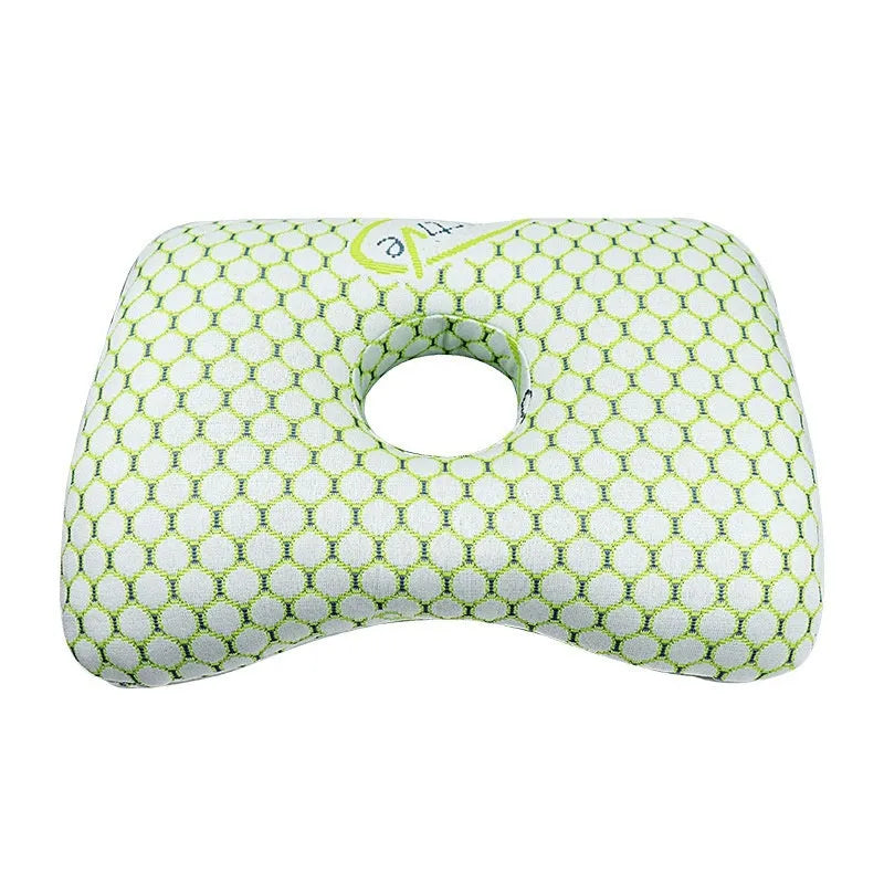 Beauty salon single hole ear pillow with detachable cover in grey, shown next to a towel.