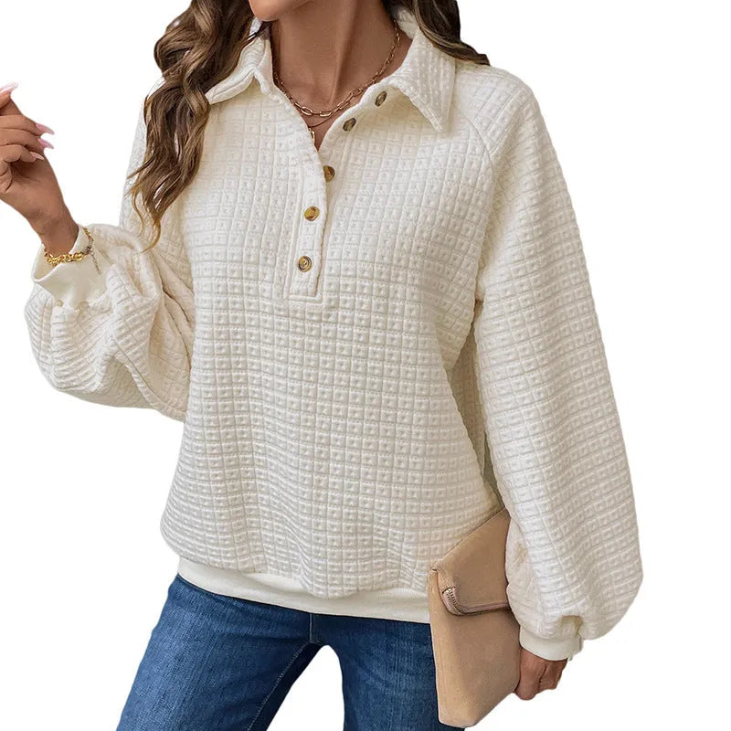 Women's textured polo collar thickened sweater in solid milky white colour
