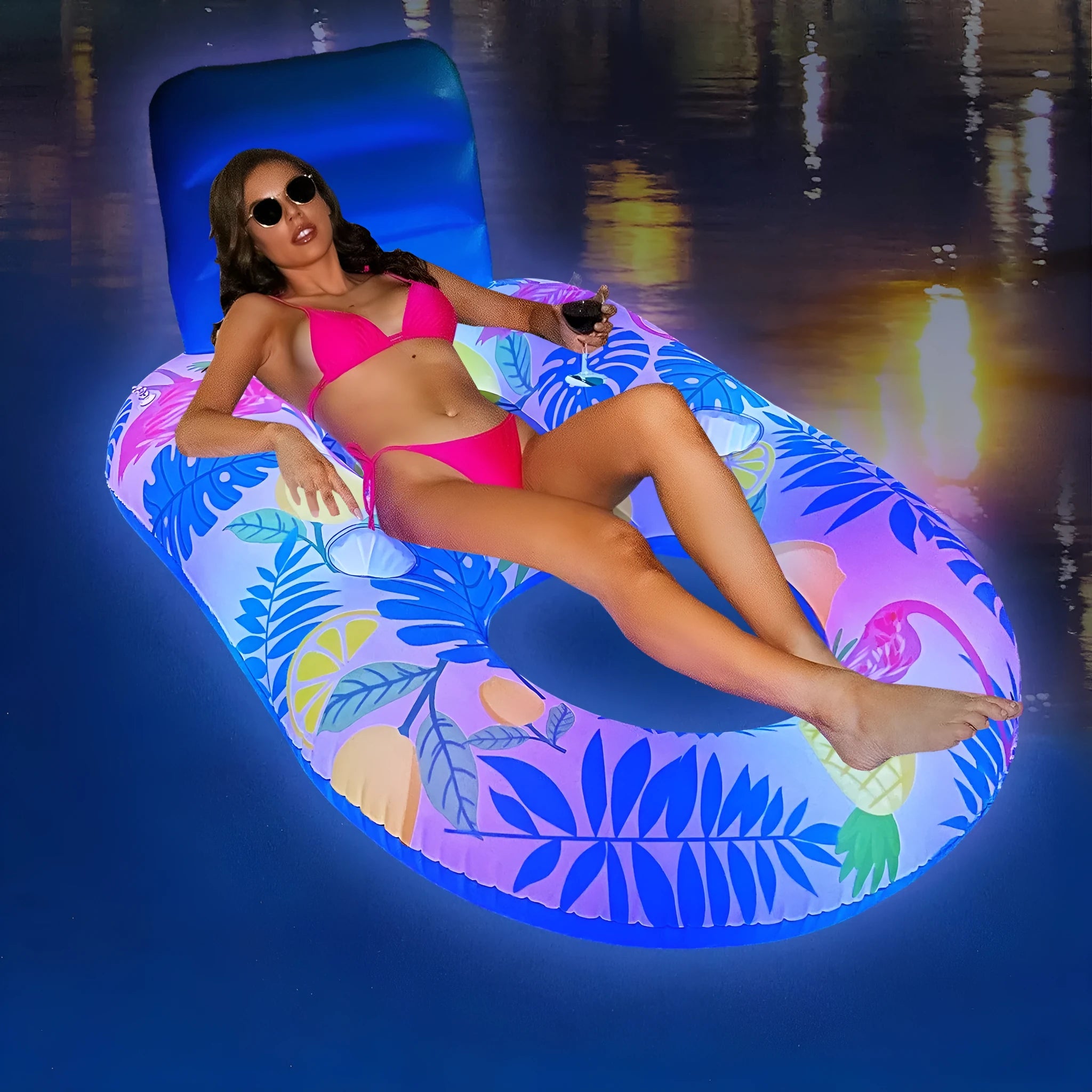 Inflatable luminous floating bed with backrest in swimming pool, white pineapple style, 140x90x65cm dimensions
