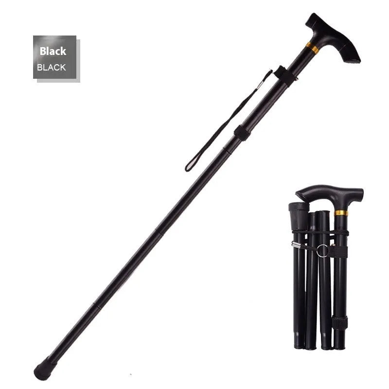 Aluminium alloy folding walking cane with non-slip handle, shown in an adjustable length from 85 to 95 cm.