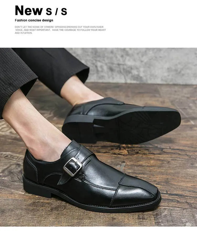 Men's brown blue retro casual shoes with tall crown and buckle detail on microfiber upper.