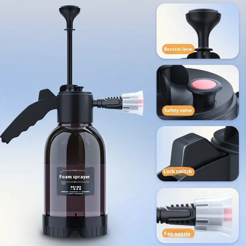Black hand-held 2 litre foam sprayer with two nozzles for car washing and plant watering