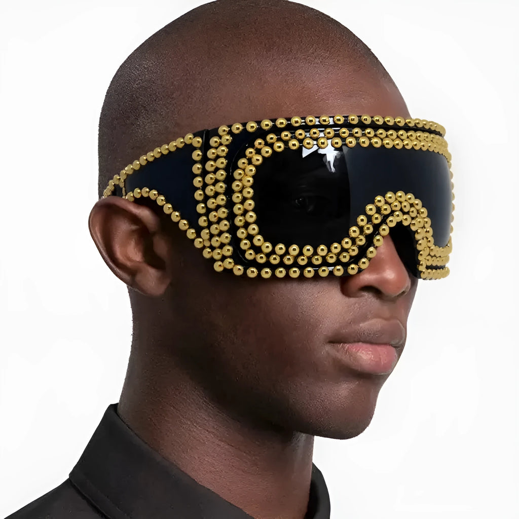 Men's large square rim punk sunglasses with rivet details in silver metal finish.