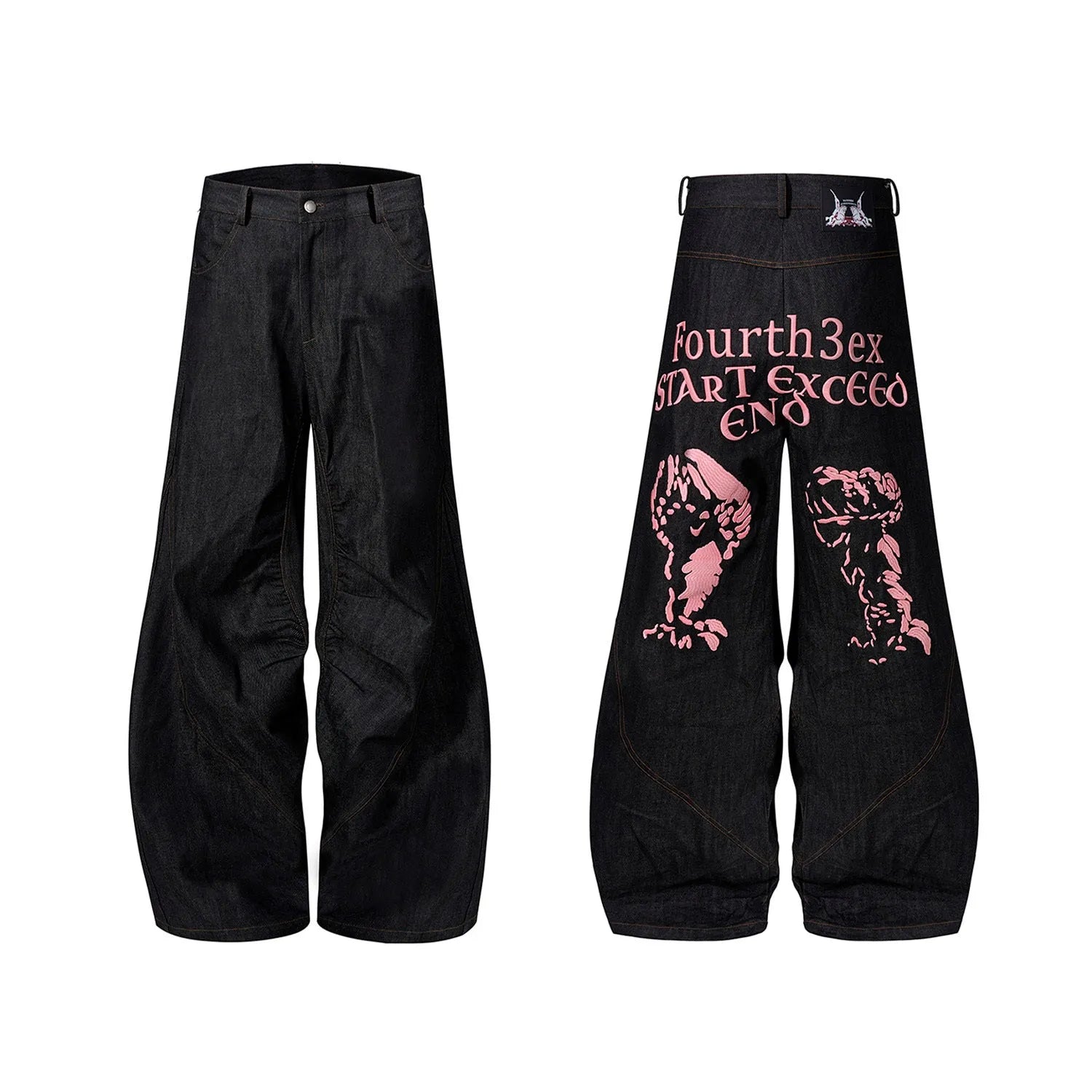 Black wide-leg jeans with temperature-sensitive embroidery on red ears, Korean loose straight style