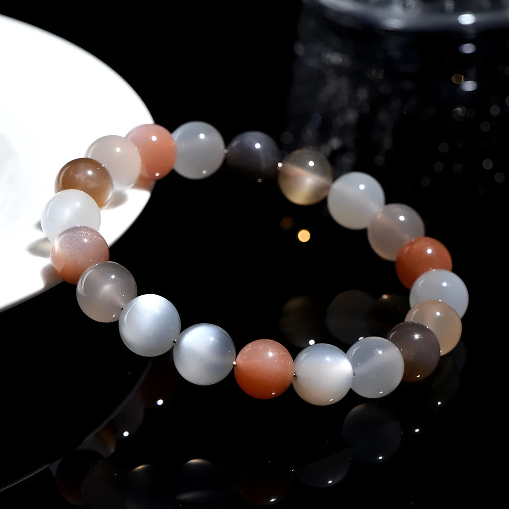 Moonstone bracelet with colourful natural moonlight patterns, 8mm single circle construction