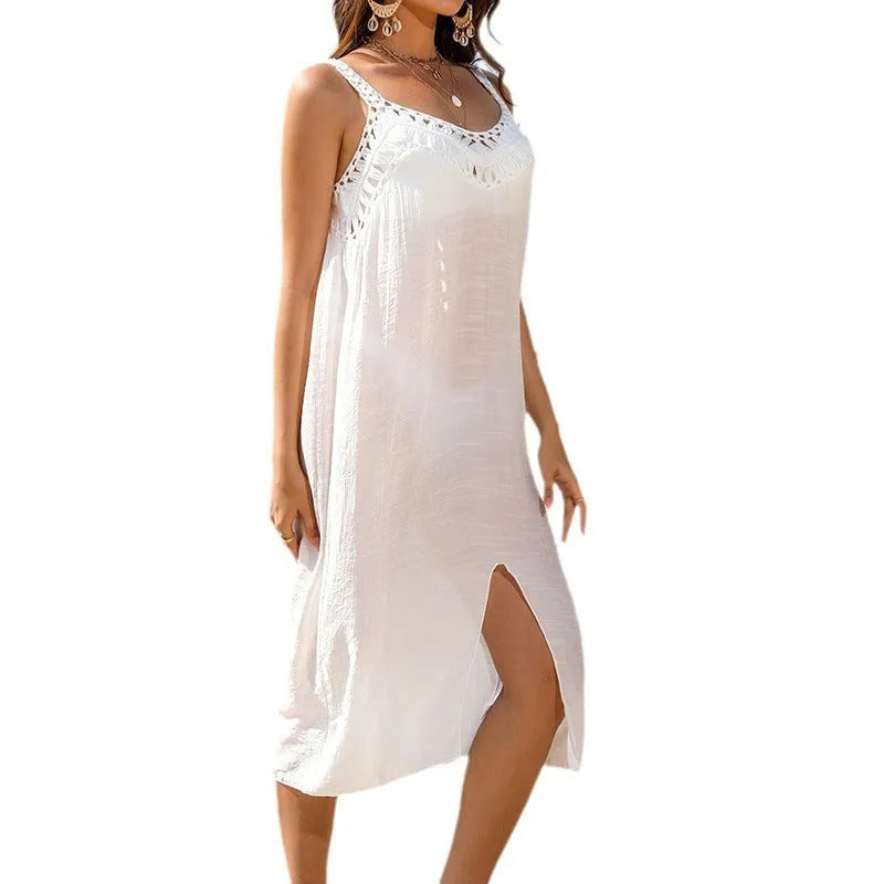 White suspender beach dress with hollow crochet weaving and thigh-high slit design