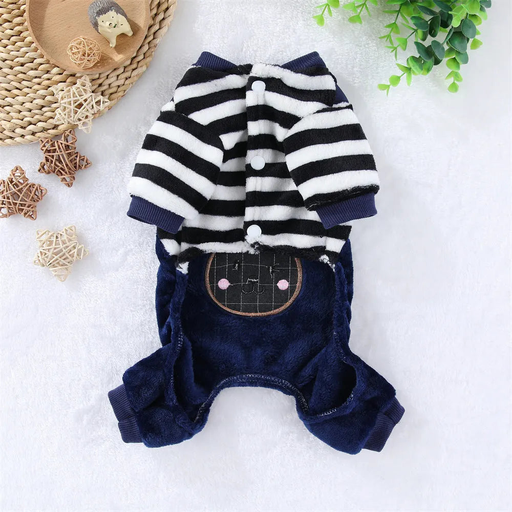 Red striped flannel four-leg pet clothing on a small pet, showing full body coverage and casual style