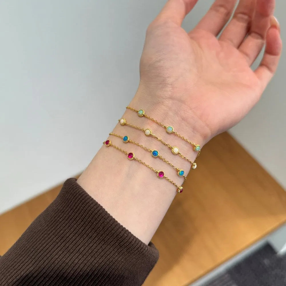 925 sterling silver bracelet with round opal stones in Japanese Korean geometric style for women