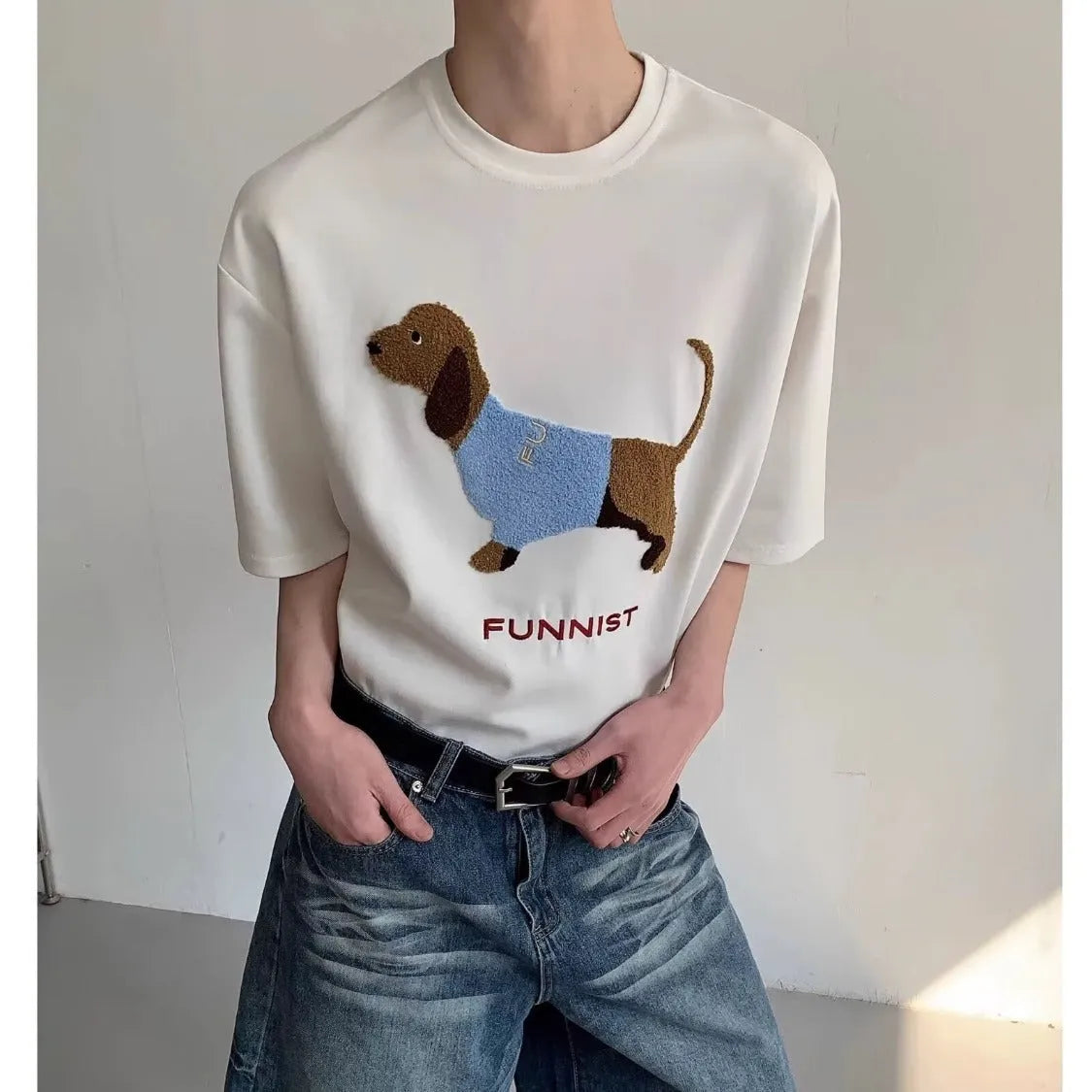 Men's grey cotton T-shirt with sausage dog towel embroidery on front, short sleeves, round neck