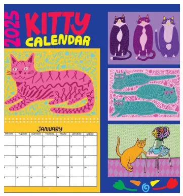 Large A3 cat-themed paper wall calendar for 2024 or 2025 displayed on a wall.