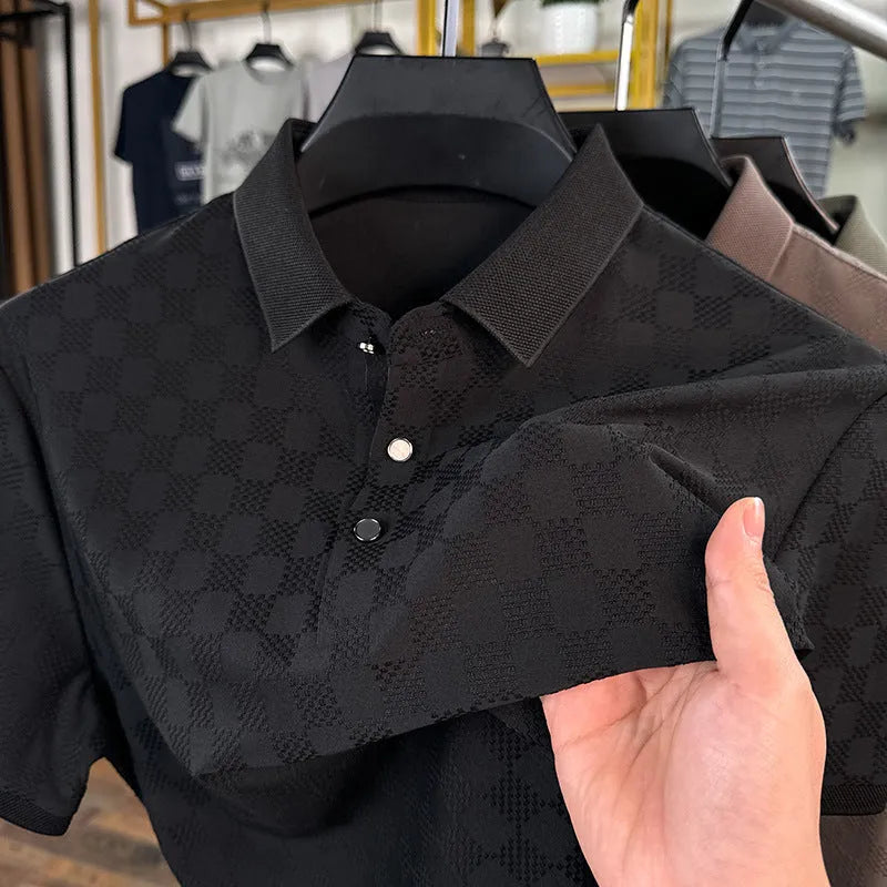 Rhombus thin ice silk short sleeve t-shirt in black on a hanger, showing slit hem detail.