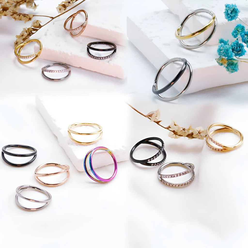 Titanium alloy nose ring showing plain and diamond-set versions in silver, gold, black, and rose gold colours.