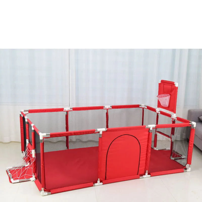 Large blue children's playpen tent with stainless steel frame and Oxford cloth walls set up indoors.