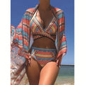 Women's cross bandage three-piece swimsuit set with high waist briefs and veils split design in blue